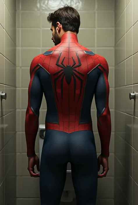  Create a realistic image of the Spider-Man character Spider-Man.  He wears the hero costume . without the mask, Face facing the picture , 35 year old, White,  brown hair , wears a goatee. He standing, But turned with your back ,   urinating on a urinal , ...