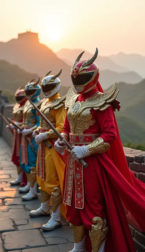 Power Rangers wearing costumes that combine bright silk fabrics, dragon motifs, and light armor inspired by Han dynasty warriors. Each ranger wields traditional weapons like spears and staffs. Setting: the Great Wall of China at sunrise.