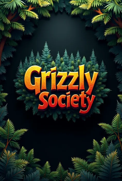 "A vibrant forest,realistic, and cool HD grafiti logo design 3D featuring the logo is dark gold,dark silver,red.with "GRIZZLY SOCIETY" written the center. The logo has a black background"