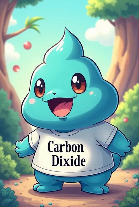 Generate a cartoon inspired by Pokemon like simple gas with a t-shirt that says carbon dioxide 