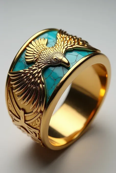 Design a very modern gold ring with turquoise. The ring should be celtic type of men ring. It should have the eagle shape of the achamenids empire carved on it.