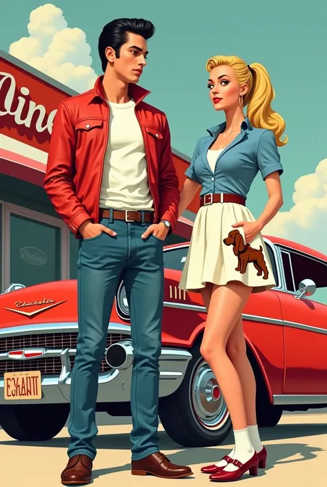 Image is a stylized, retro-themed illustration featuring a young man and woman standing in front of a classic red 1950s car parked outside a diner. The man, with a fair complexion, has dark, slicked-back hair and is wearing a bright red leather jacket, whi...