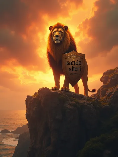 A cinematic shot of a noble ANTHROPOMORPHIC LION with a golden mane, standing atop a cliff overlooking the sea. The LIONs mane shines with a golden glow, illuminating the surrounding rocky area. In the background, the sky is a burst of RED AND YELLOW COLOR...