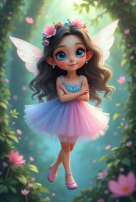  A fairy who is a  and is flying ,  floating and looking sweet with big blue eyes and pink cheeks. Her long hair is curly , dark brown ,  and is adorned with a flower crown .  She wears a pastel dress , mostly in shades of pink ,  sky blue and purple fores...