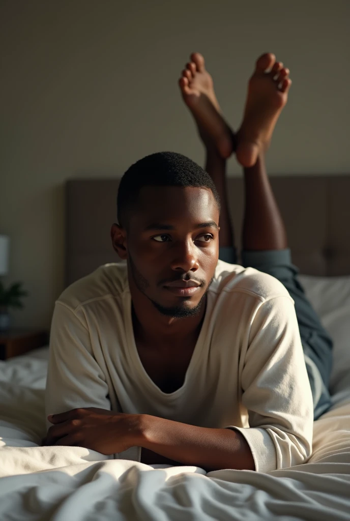 Young black man lying on his stomach in his bed with his feet up in the air (photorealism)  (make the shot be taken from a phone camera)