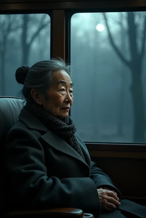 Create an ultra-realistic image of an elderly Chinese woman named Mrs. Liu sitting gracefully in a dimly lit bus at night. She has a dignified presence with sharp, observant eyes and a serious expression that reveals both wisdom and mystery. She is dressed...