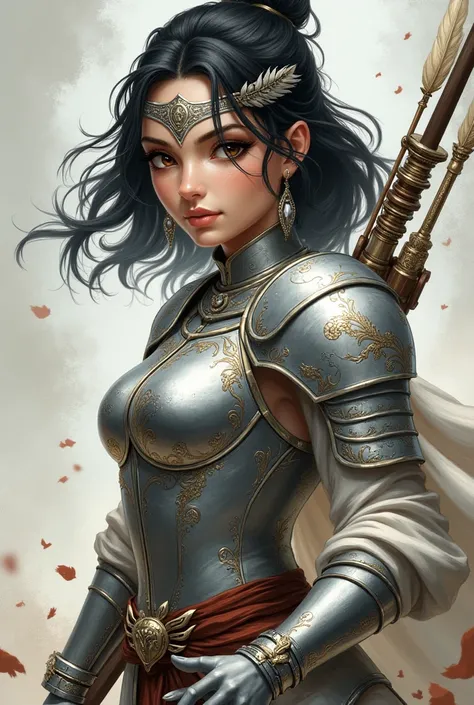  Light-skinned warrior with small, light spots on her hands and face, round face and medium brown eyes, fat warrior ,  with thin lips ,  semi-wavy hair ,  black and three centimeters below the shoulders ,  with silver armor with a horse on her chest , a bo...