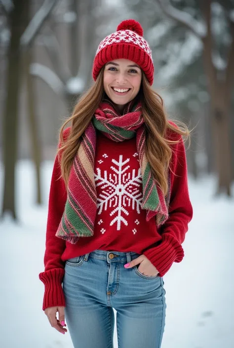 a woman wearing a Christmas blouse with a Christmas hat and scarf with light blue jeans and pink shoes