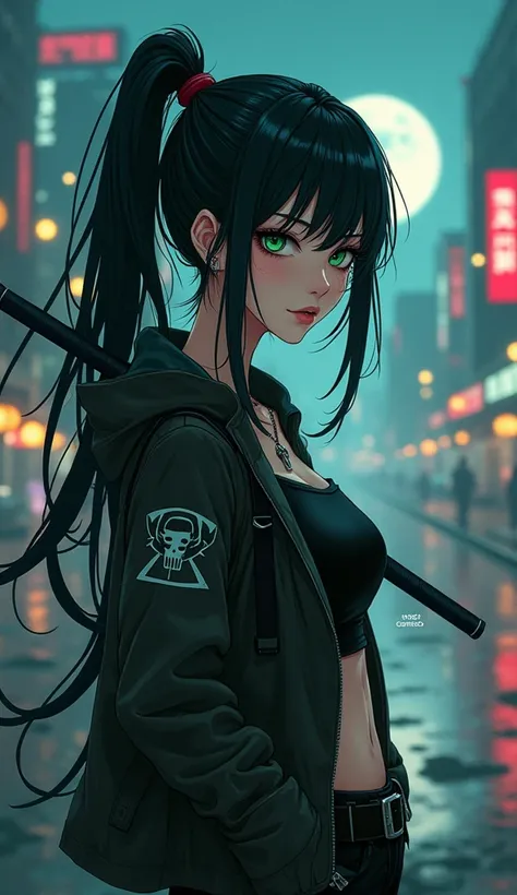 (masterpiece, Best quality, 8 k, clear focus, depth of field, BEST SHADOWS, perfect light, HDR, realistic skin texture, super detailed background), Anime style, long range shot, ((cyberpunk theme)), One, 1 woman, she is a mercenary, (Green eyes, white skin...