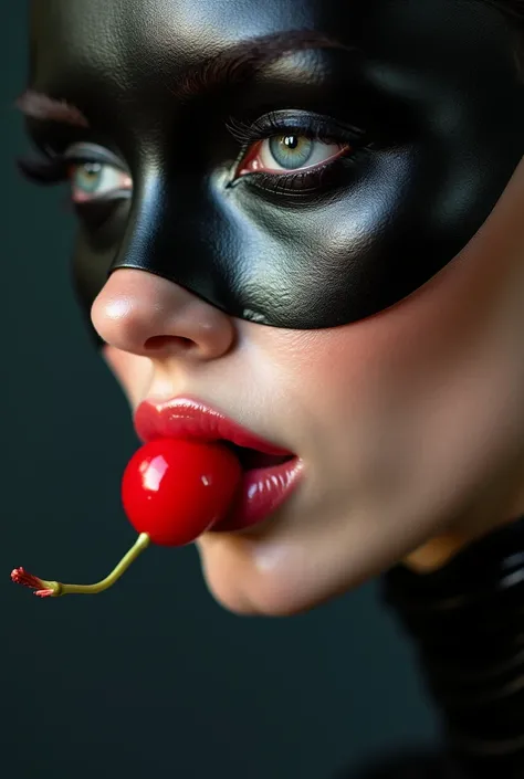 Close-up of a latex girls face, holding a red latex cherry in her latex  mouth 