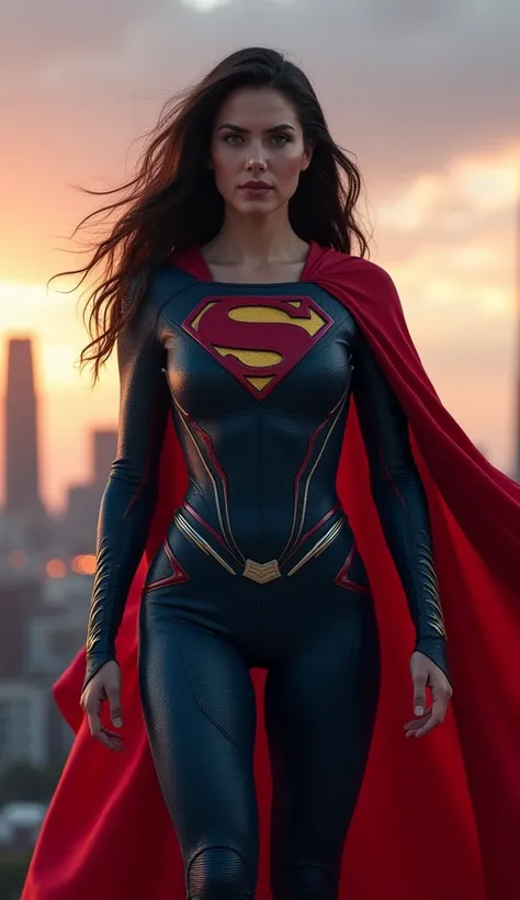 "Create a hyper-realistic image of a gender-swapped Superman. The character should have a strong, athletic build with striking features of a woman, such as long flowing dark hair and bold, sharp facial features. She wears the iconic Superman suit, with a d...