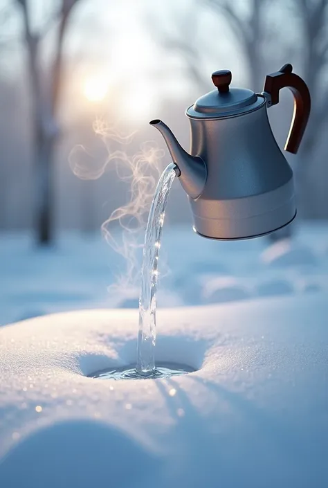 a small stream of water from a kettle pours onto the snow in winter