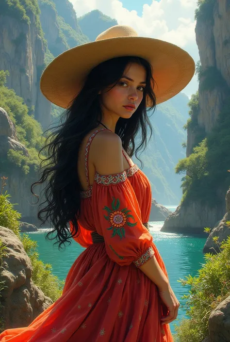 A girl in gaucho clothes , Serious,  beautiful South American nature 
