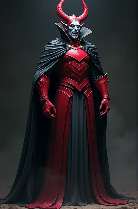 "Create a highly realistic illustration of a dark, menacing villain. The character is wearing a flowing black cape with pleats that drape over his shoulders and extend to the ground, edged with thin white lines for definition. Underneath the cape, he wears...