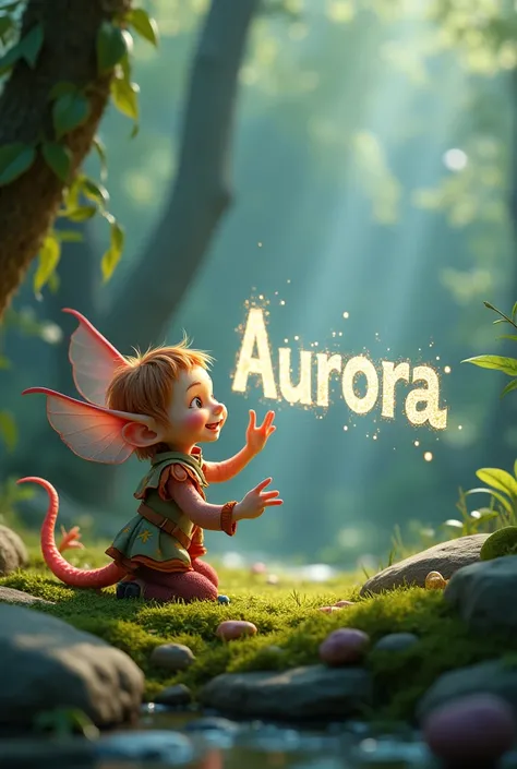 folletto che scrive  il nome Aurora 3d