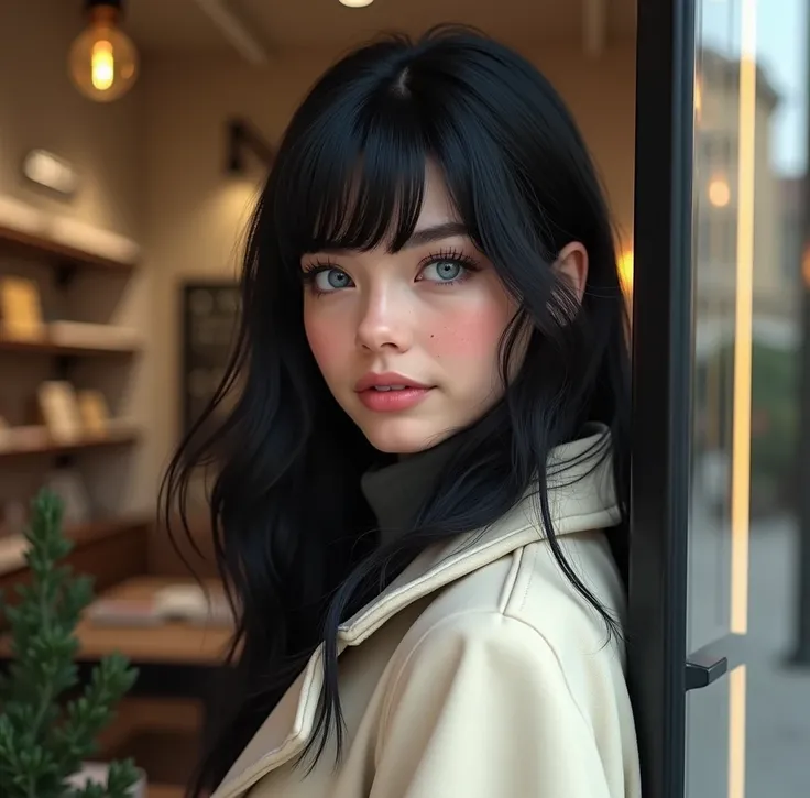 A stunning 23-year-old topmodel with piercing blue eyes and long black hair with soft bangs, soft freckles. She is shopping in a luxury French boutique. She is wearing a cream-colored coat. Super Detailed, , High Quality, Textured Skin, Accurate, High Reso...