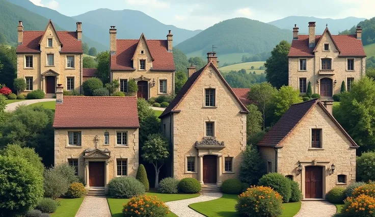 A montage of various European stone houses from France, Italy, Britain, and Greece, each showcasing their unique designs and cultural influences. The background highlights serene countryside landscapes and vibrant local elements.

