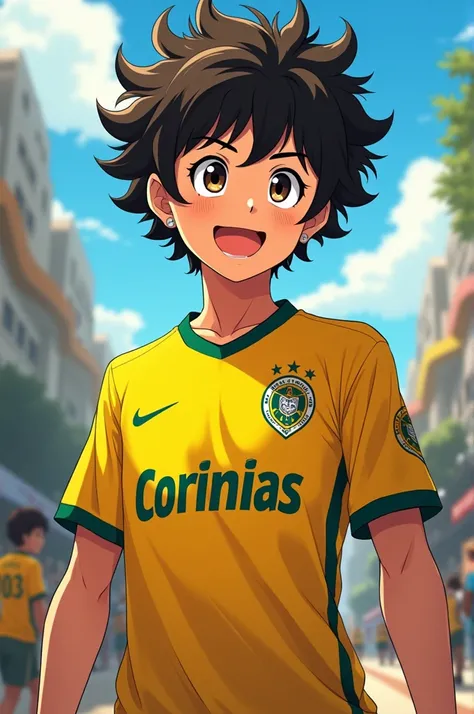 Create an anime character with curly hair with a Corinthians jersey 