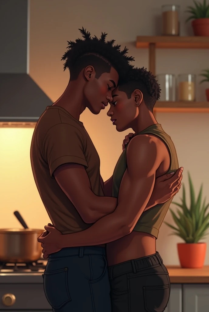 gay young black man, 19 years old, with small braids in his hair, wearing brown crop tops and black jeans, hugging his boyfriend from behind while his boyfriend cooks. realistic style