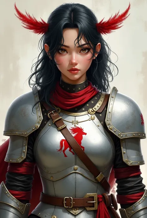  Light-skinned warrior with small, light spots on her hands and face, round face and medium brown eyes, fat warrior ,  with thin lips ,  semi-wavy, uncombed hair  , black hair and shoulder-length ,  with silver armor that has a red horse on the chest,  a r...