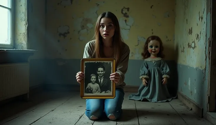 A young woman kneeling on the floor of an abandoned, eerie room with a shocked expression and wide eyes. She has straight brown hair and is wearing a neutral-colored blouse and worn-out jeans. In her hands, she holds an old black-and-white photograph with ...