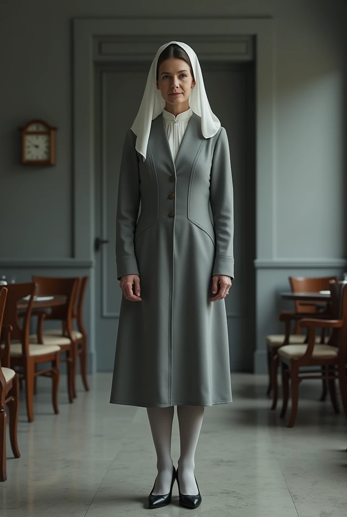 A plain looking white unattractive mature matron wearing a white starched veil and a plain grey conservative loose dress in the 20th century style and she is wearing pale grey stockings and a pair of black high heels standing in a distance in an extremely ...