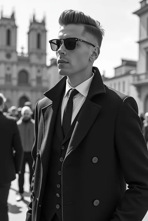 en noir et blanc un mafieux de 23 ans année 50 en costume trois pièces sans rayures il porte des lunette de soleil clubmaster, une coupe de cheveux undercut degradé haut dans une rue de mareille avec la cathédrale de la Major en arrière plan