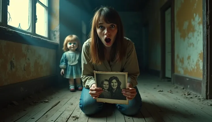 A young woman kneeling on the floor of an abandoned, eerie room with a shocked expression and wide eyes. She has straight brown hair and is wearing a neutral-colored blouse and worn-out jeans. In her hands, she holds an old black-and-white photograph with ...