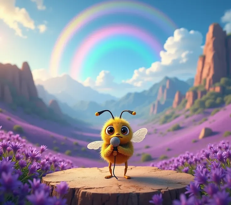 A scared little bee with a microphone in her standing hand on a stage in a very large landscape full of violet flowers, mountains and rainbows 