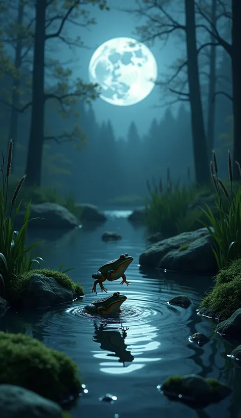 Frogs leaping over one another near a tranquil forest pond under a full moon. The moonlight sparkles on the pond’s surface, surrounded by moss-covered rocks and tall cattails. A cool, silvery-blue light fills the scene, creating a calm and mysterious night...