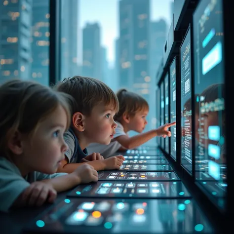 
 Realistic, natural and simple photo of a bunch of playful human ren with their noses and fingers immersed in a quantum computer. Glass megalopolis photo background . Soigner détails expressions visages  lumière ombres contrastes 