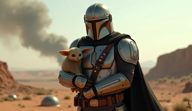 Mandalorian holding GROGU and ready for war against enemy in battle field. 