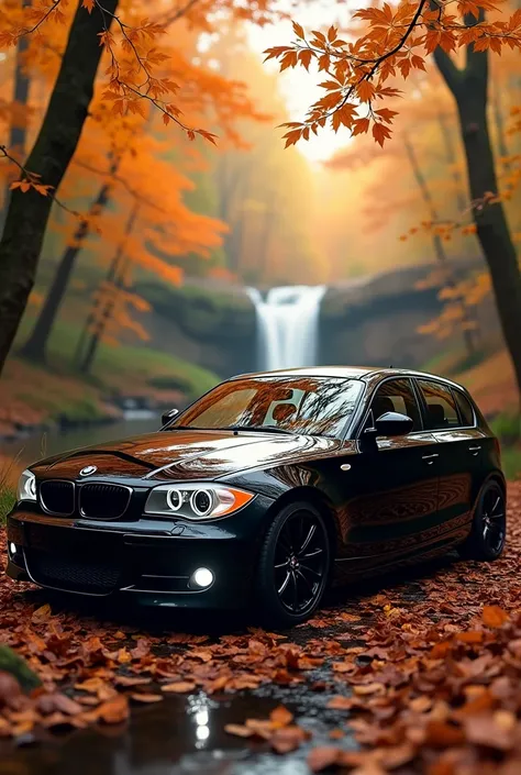 Create wallpaper for mobile phone
It must be car BMW seria 1 E87 from 2008 year, black metalic color and black rims, with 4 doors
Background must be some forest in autumn, with lots ov leaves, small river with small waterfall and sunset