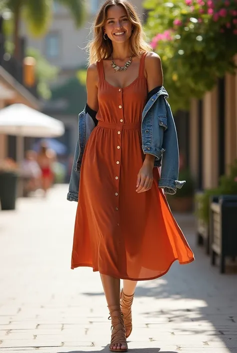 A terracotta ,  midi dress with buttons on the front and thick straps ,  combined with strappy sandals and a jean jacket.