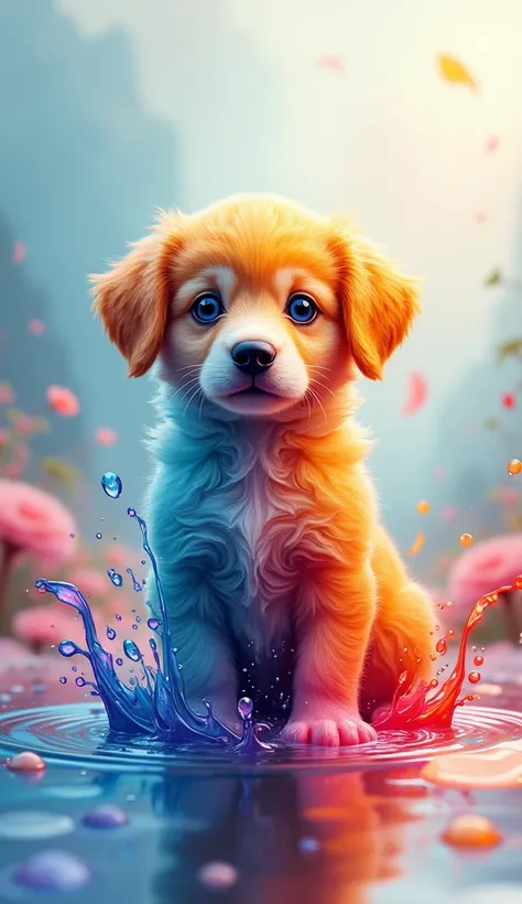 "Fusion of a cute puppy and liquid colors: the puppys body is made up of flowing liquid colors, like red, blue, yellow, and green, merging fluidly across its form. The puppy’s face, ears, and eyes emerge from the colorful liquid. The background features a ...