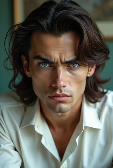 man,  with bright bluish-gray eyes ,  with long, cold-colored brown hair,  in 1950 white clothes , Jojo Style, frowned 
