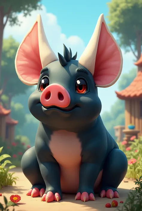 Black pig dinosaur with white ears cartoon style