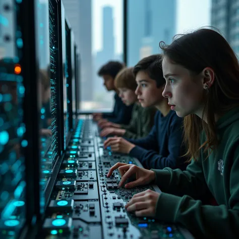 
Realistic, natural and sober photo of a bunch of playful human teenagers with their noses and fingers immersed in a quantum computer. Glass megalopolis photo background . Soigner détails expressions visages  lumière ombres contrastes 