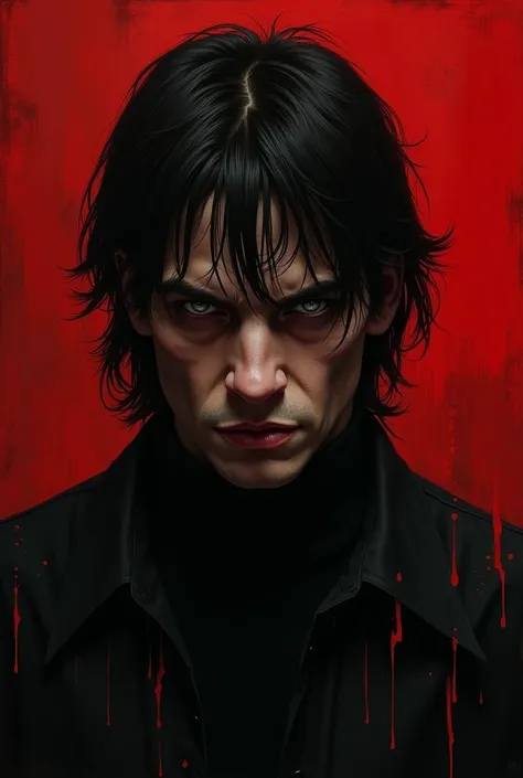 " A recreation of Richard Ramirez in the style of a dark portrait,  Wearing black clothes, with piercing eyes and a red background that suggests danger ."