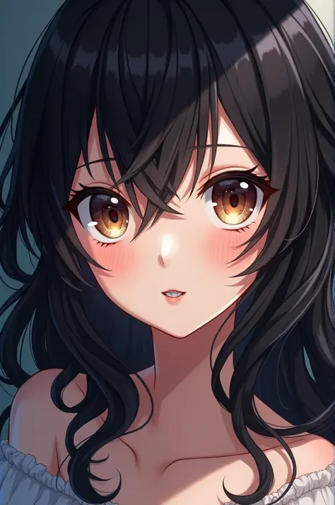 Anime version: beautiful girl with wavy waisted black hair, brown eyes with fangs. 