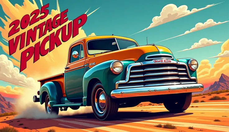 Design a vibrant and eye-catching thumbnail featuring the 2025 GMC Vintage Pickup truck prominently in the center. The truck should be captured in an action shot, showing off its bold front grille, sleek LED headlights, and chrome accents. Place the truck ...