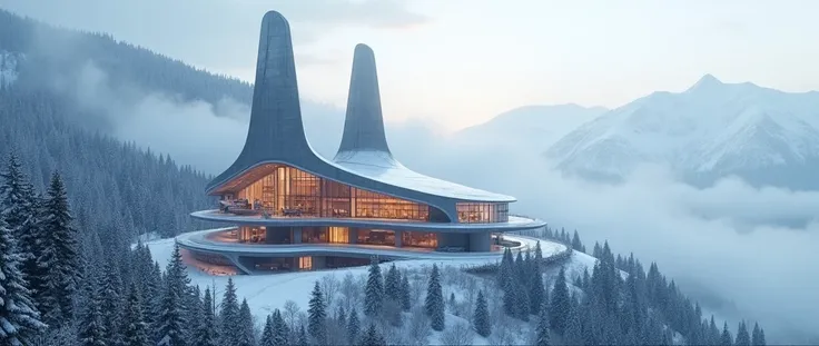 a highly detailed, hyper-realistic, 8k, photorealistic, cinematic, futuristic architectural structure set amidst a serene, snow-covered mountainous landscape. The building features a sleek, curvilinear design with two, upward-sweeping towers that resemble ...