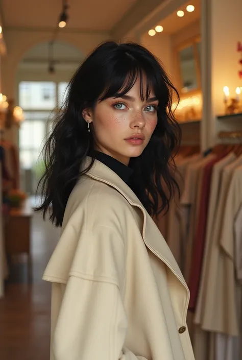 A stunning 23-year-old topmodel with piercing blue eyes and black hair with soft bangs, soft freckles. She is shopping in a luxurious French boutique. She is wearing a cream-colored coat