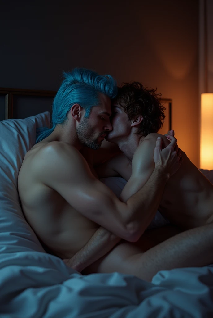 (photorealism:1.2), 2 handsome men, lying on the bed in a sensual way, one on top of the other, one of them kissing the others neck, first man has cyan blue hair in a Mullet style, second man has medium brown hair, dark closed room, LED lights