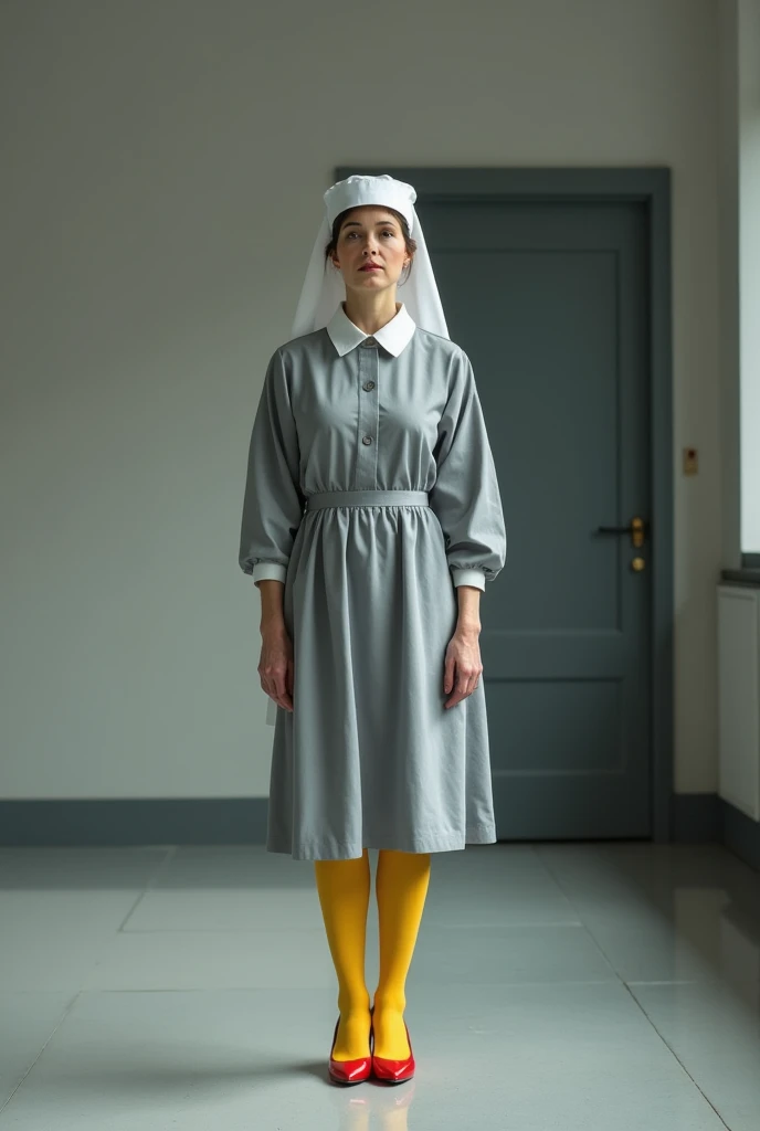 A plain looking white unattractive mature matron wearing a white starched nursing veil and a plain grey conservative loose dress in the 20th century style and she is wearing bright yellow stockings and a pair of cherry red high heels standing in a distance...