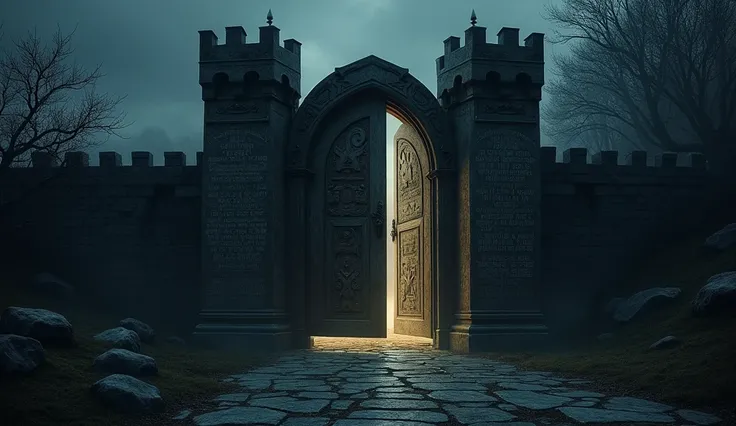 There is a gate to an ancient castle, and a dark scene, with strange writing on it, and the door is closed.