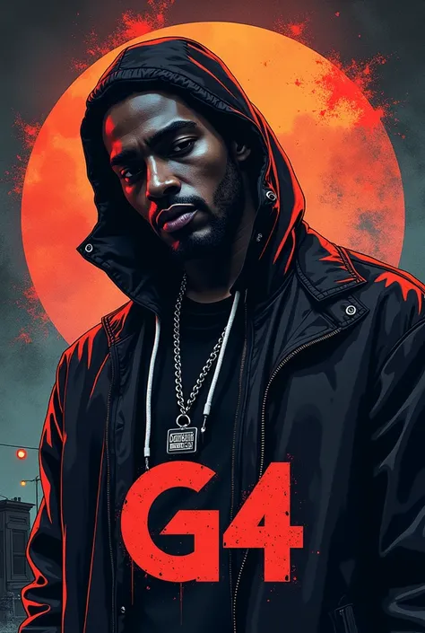 I want you to make a vinyl album cover for a rap artist named G4 in the format of a 1980s rap album cover without showing his face