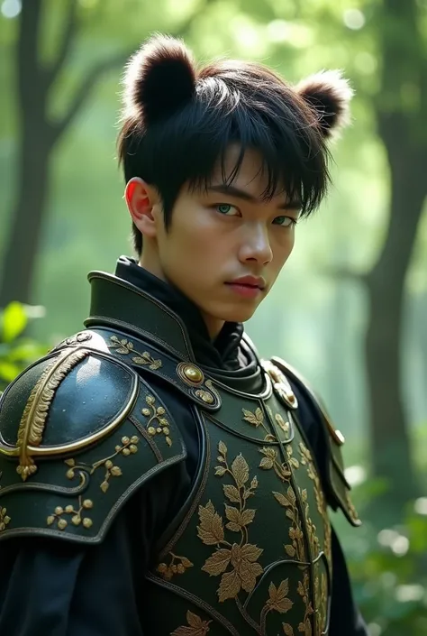  A 26-year-old man with short black hair in a fight, Panda ears , entourant un doux visage aux yeux bleu-vert étincelants.  He wears elegant black metal armor ,  decorated with patterns of small gold leaves finely engraved .  He is in the heart of a lush a...