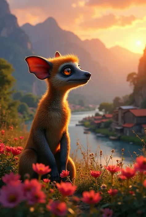  A small town by the river, mountains in the background,  colorful floral flowers ,  detailed landscape,  beautiful natural landscapes ,  atmospheric lighting, scorching sunset,  warm colors , practical," Did you know that there is an animal that looks lik...