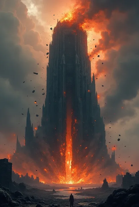 super black Dark Tower, The Dark Tower collapsed in a disaster, with huge stones and fragments flying everywhere. The background is a chaotic battlefield and a storm in the sky. The art style is stunning, with black and orange as the main colors, showcasin...